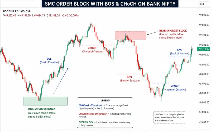 SMC Order Block with BOS and CHoCH markers on Bank Nifty chart showing demand zone